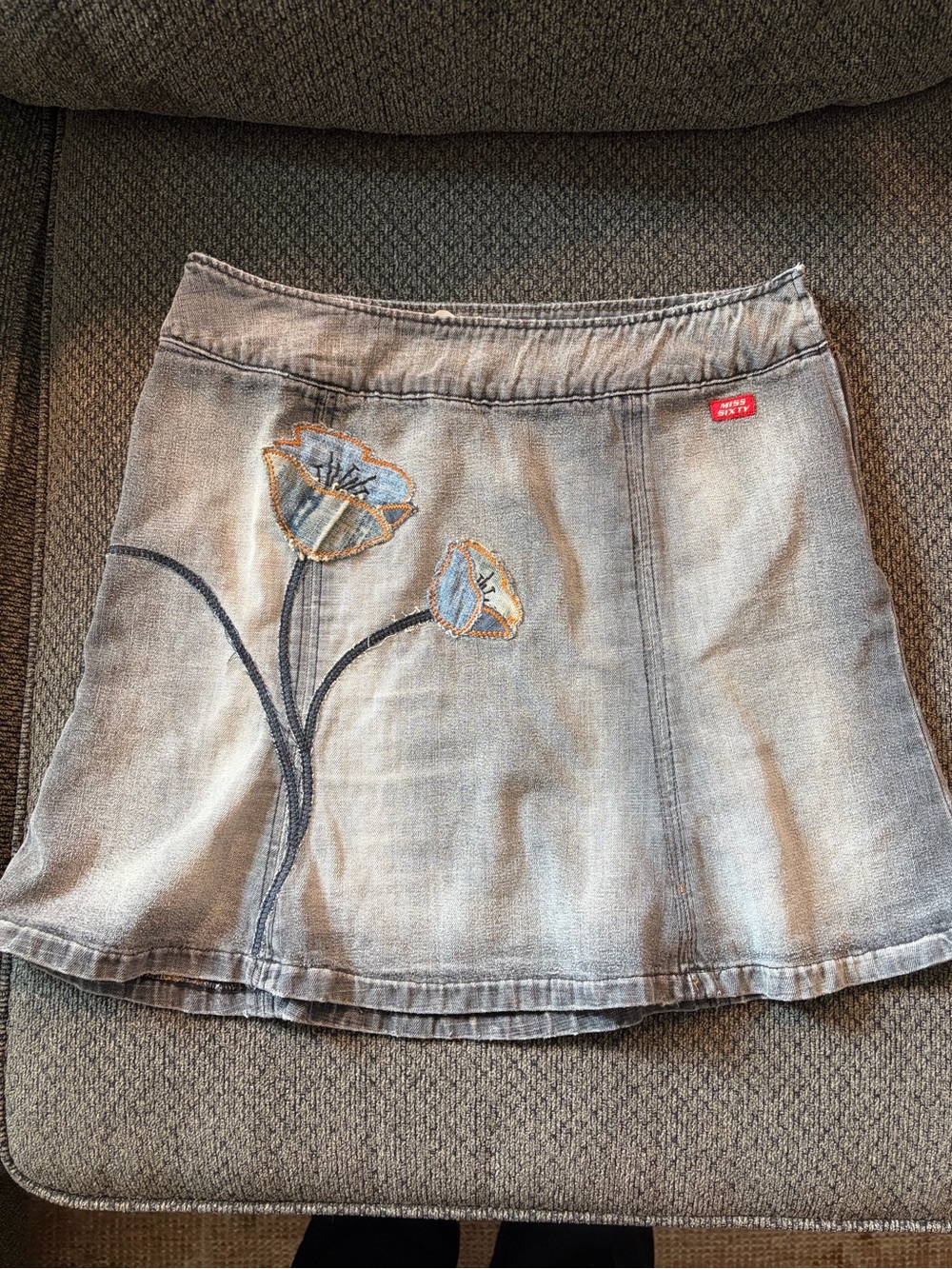 Miss Sixty Gray Denim Skirt with Floral Embroidery
